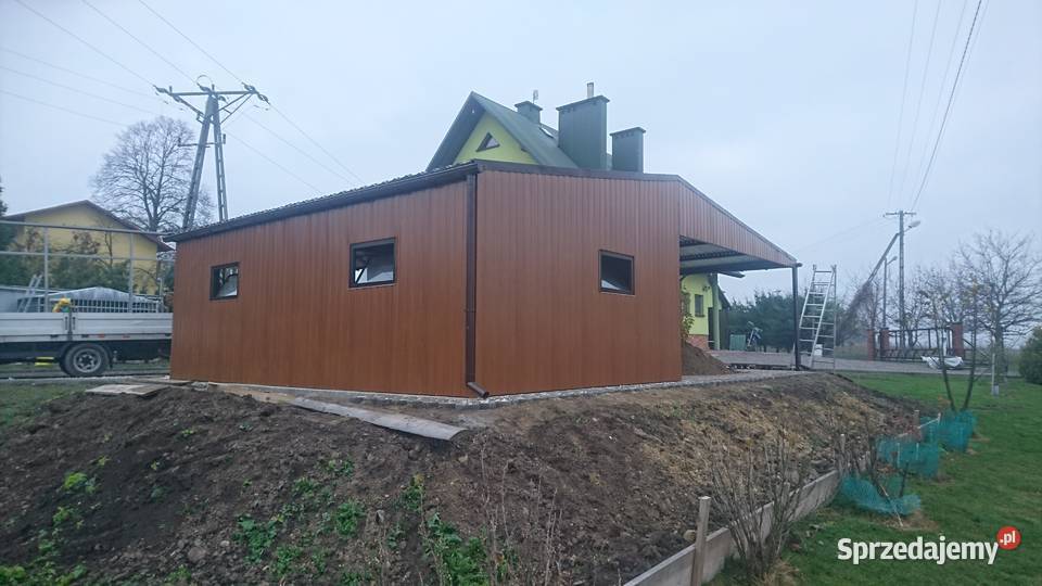 Żółty Garaż Blaszany z ZADASZENIEM BOCZNYM