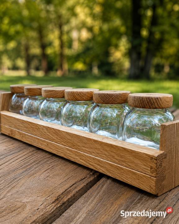 dębowy przyprawnik handmade 6 słoikówręcznie Wyposażenie wnętrz