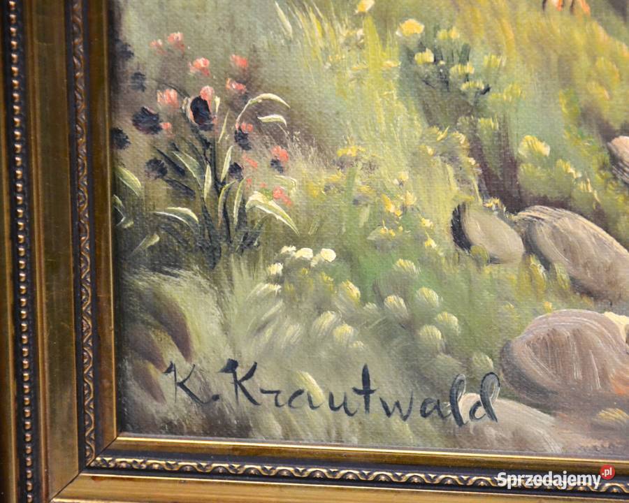 Wiejska scena olej na płótnie Kjeld Krautwald mazowieckie Bronisze