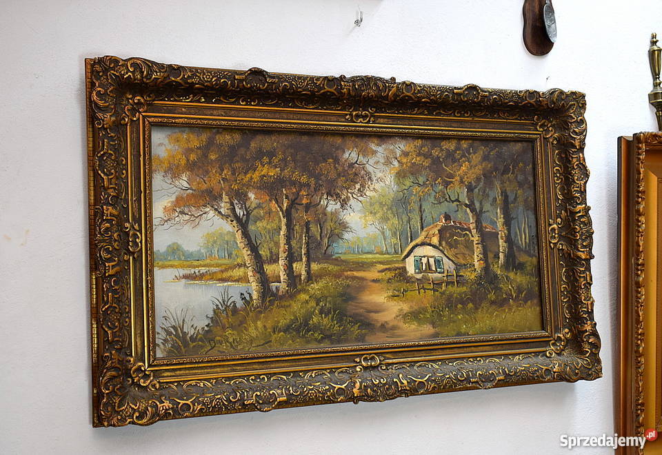 STARY OBRAZ OLEJNY OLEJ NA PŁÓTNIE DUŻY Z RAMĄ Świdnica