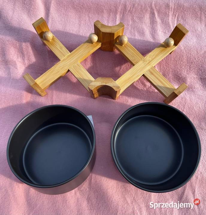 Podwójne ceramiczne miski 850ml stojak bambusowy Osięciny sprzedam