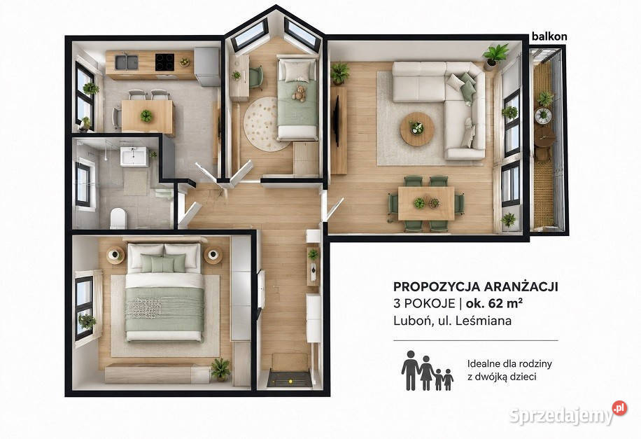 3 pokoje z balkonem Luboń Leśmiana