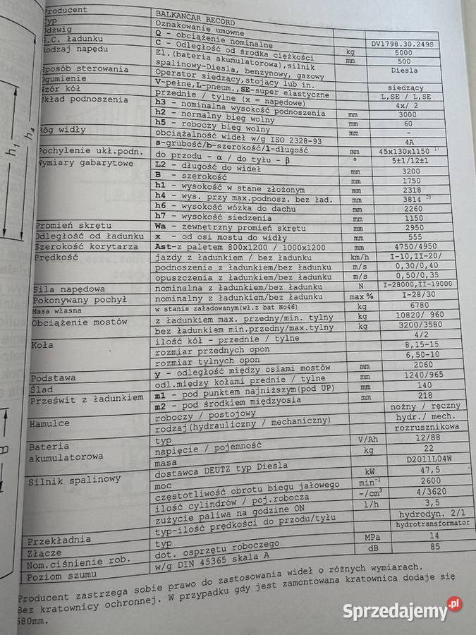 ózek widłowy BALKANCAR DV 179830249 S 50T Gdańsk