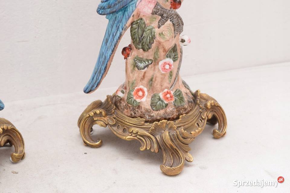 2 ŚWIECZNIKI PORCELANA BRĄZ PAPUGI OKUTE BRĄZEM Kraków sprzedam