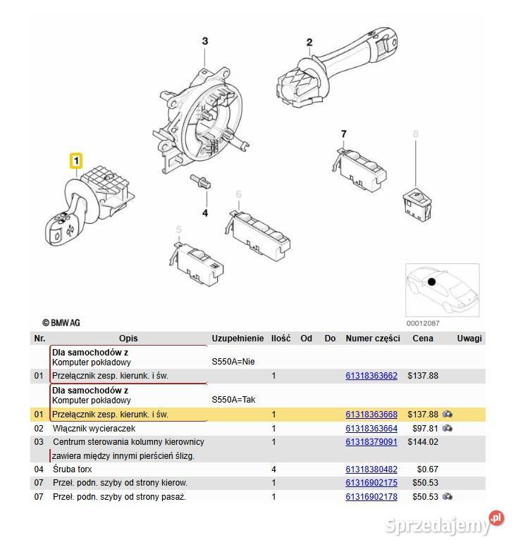 Manetki przełącznik zespolony taśma BMW BMW E46