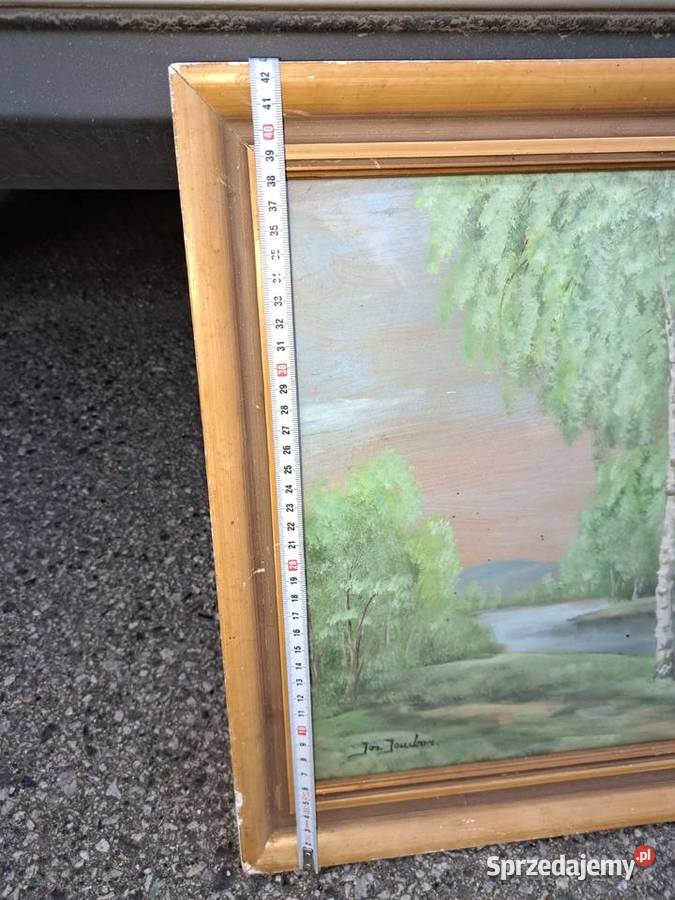 Stary obraz olej szklem sygnowany w lewym dolnym Lubań