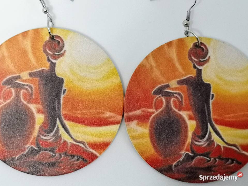 Kolczyki duże drewniane malowane koła etno