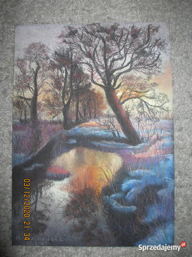 obraz pastel suchy zima rzeką