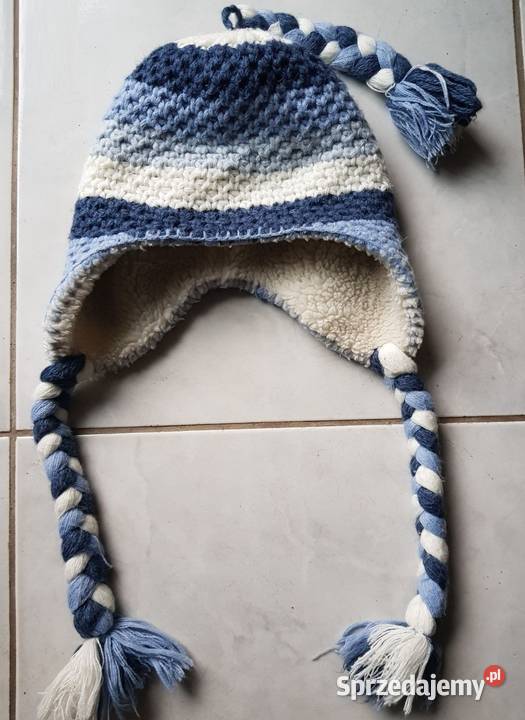 wełniana czapka z warkoczami z misiem futerkiem Kielce sprzedam