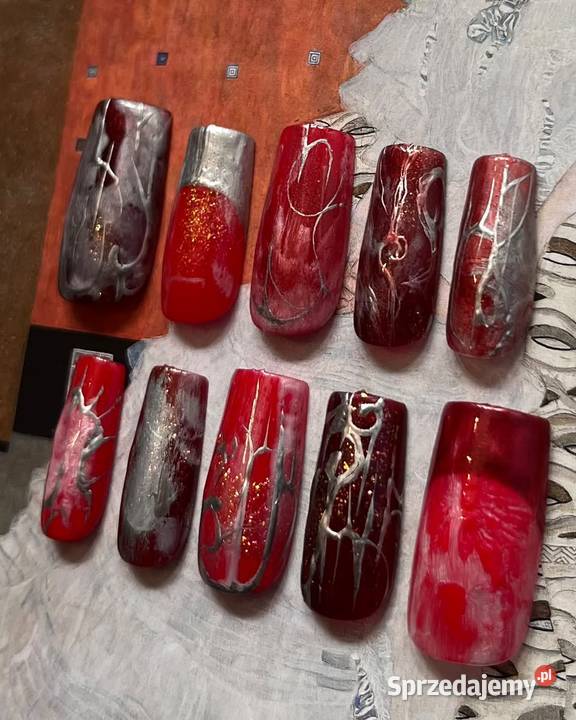 Handmade press on nails alt neon red Białystok