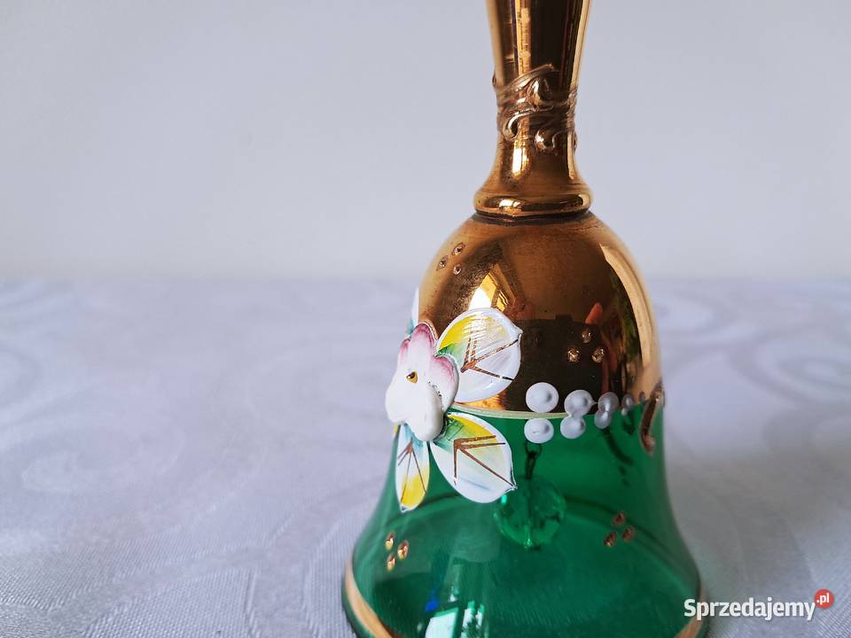 Dzwonek szklany bohemia zielony złocony kwiat Porcelana i szkło Strzelce Krajeńskie