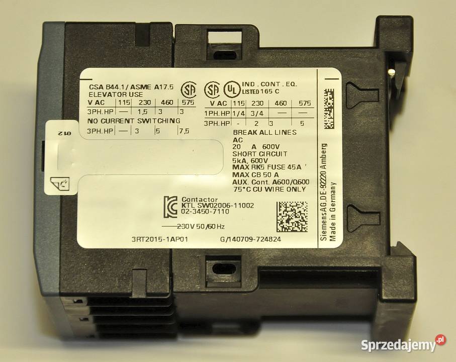 Stycznik mocy Siemens SIRIUS 3RT20151AP01 Gorlice