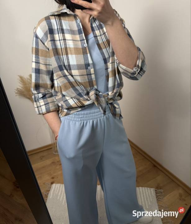 Koszula w kratę oversize beżowoniebieska styl sprzedam