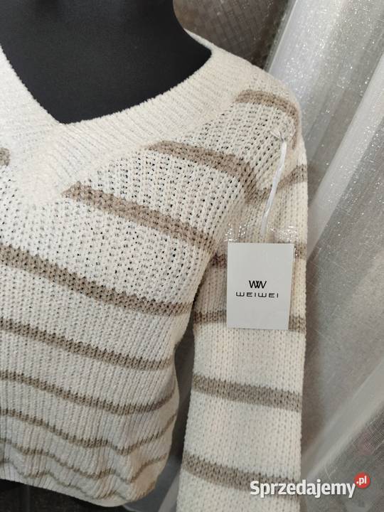 Nowy stylowy sweter ecru w paski Żory