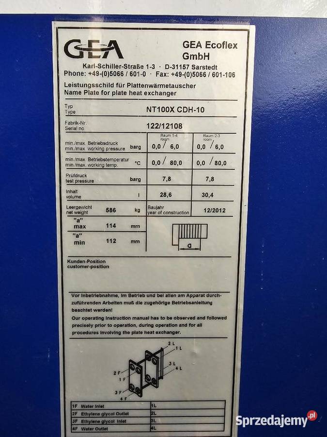 Płytowy wymienniki ciepła GEA model NT100X CDH10 śląskie Zabrze