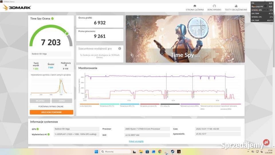 Komputer gamingowy AMD Ryzen 7 3700X Radeon RX Liczba rdzeni procesora 6 Ostrów Wielkopolski sprzedam