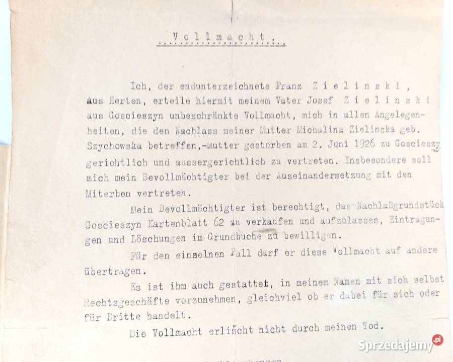 Pełnomocnictwo w języku niemieckim1934r pieczęć Bronisze