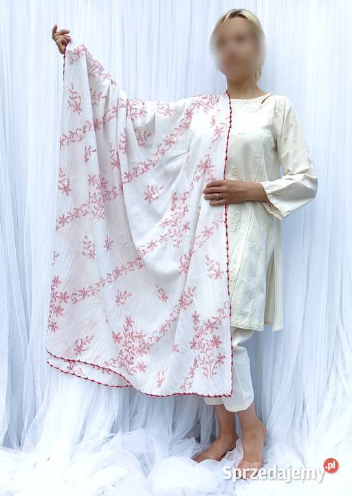 Duża chusta szal dupatta haftowana biała bawełna Dla kobiet Szczecin sprzedam