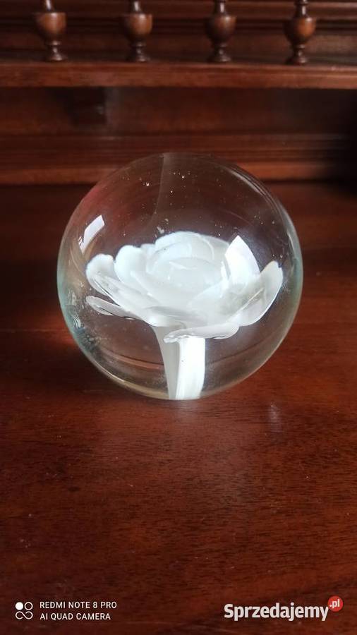 Kula szklana z białą różą przycisk na biurko Gdańsk