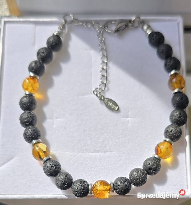 Bransoletka Bursztyn kamień Lawa 6 mm stal pomorskie Gdańsk