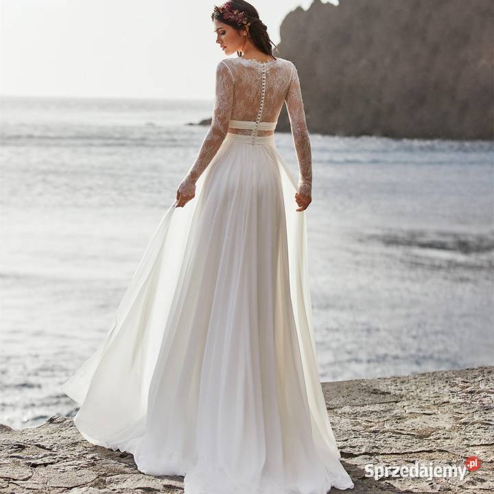 Suknia ślubna boho długi rękaw koronka 44 XXL