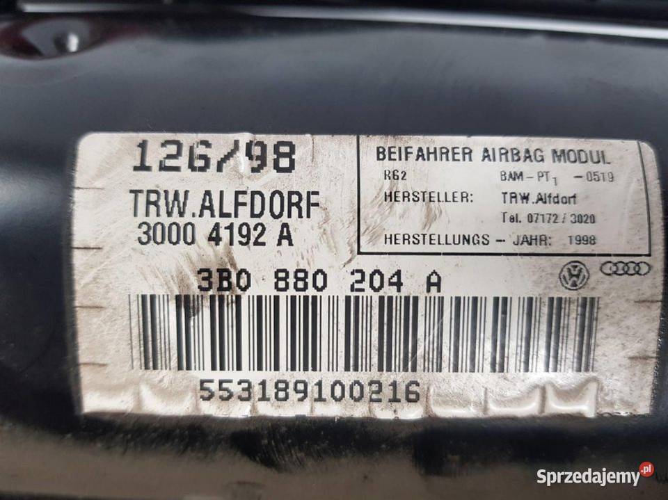 PODUSZKA AIRBAG VOLKSWAGEN PASSAT B5 3B0880204A osobowe kujawsko-pomorskie Lipno sprzedam