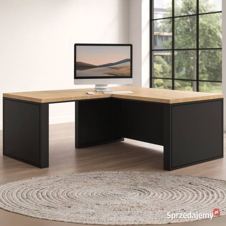 Biurko Narożne z Drewna Dębowego Stalowy Stelaż