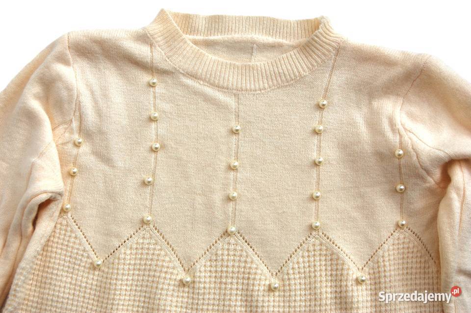 Sweter damski z wełną 34 XS ecru kremowobiały z długi Lublin