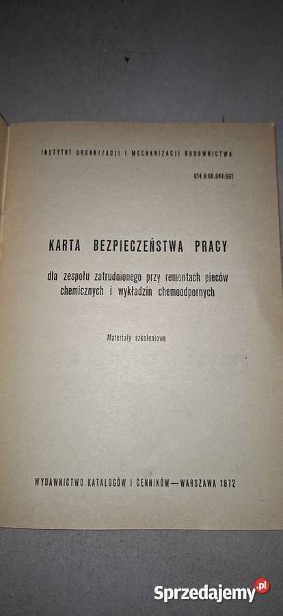 Karta BHP PRL 1972 Oryginalny Poradnik Chemika Kalisz