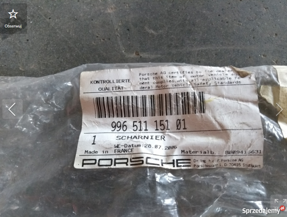 Zawias bagażnika lewy Porsche 996 986 pokrywa Karoseria Pilzno