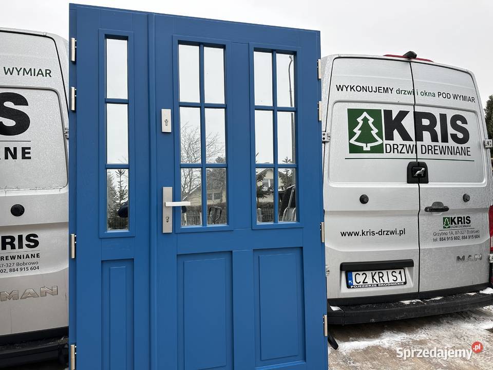 Drzwi zewnętrzne drewniane dwuskrzydłowe grube kujawsko-pomorskie Grzybno