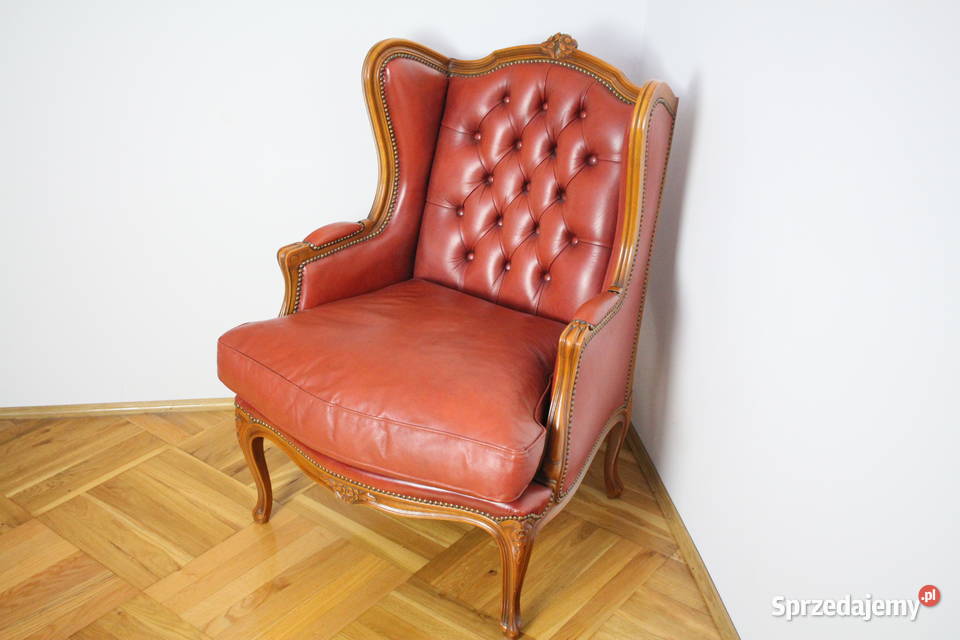 Piękny fotel barokowy ręcznie robiony skóra 105cm Góra