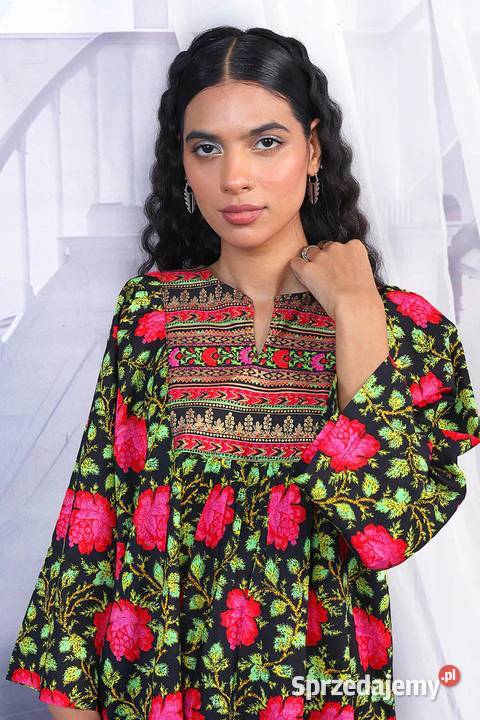 Czarna tunika folk XXL 44 bawełna kwiaty róże