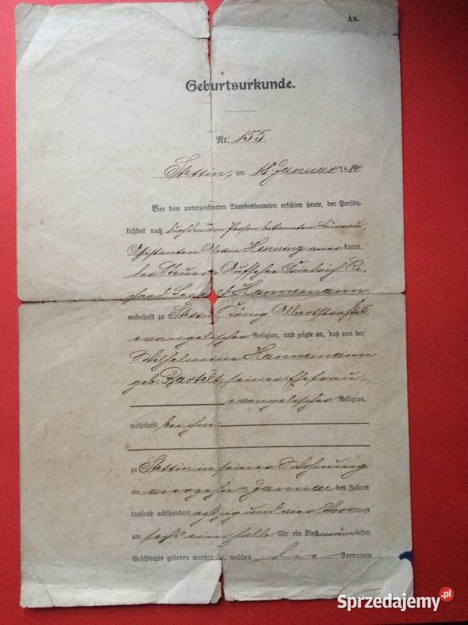 2094 Niemiecki Akt Urodzenia Stettin Szczecin