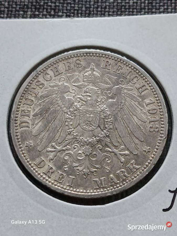 3 Marki Prusy Wilhelm II 1913 r Śliczne Numizmatyka Konin
