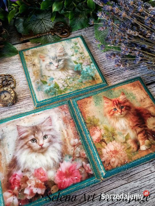 Ozdobne podstawki z kotkami Selena Art shabby lubelskie Zakrzew