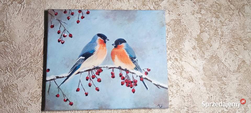 Zimowe śniadanie obraz 25x30 akryl na płótnie wielkopolskie sprzedam