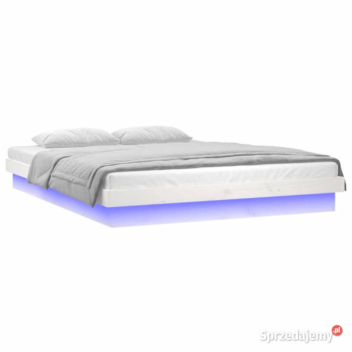 Rama łóżka z LED biała podwójna lite drewno