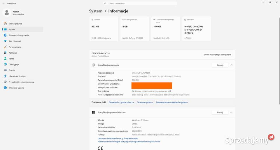 Komputer Gamingowy i7 8700K RTX 2080 1Tb M2 Żyrardów