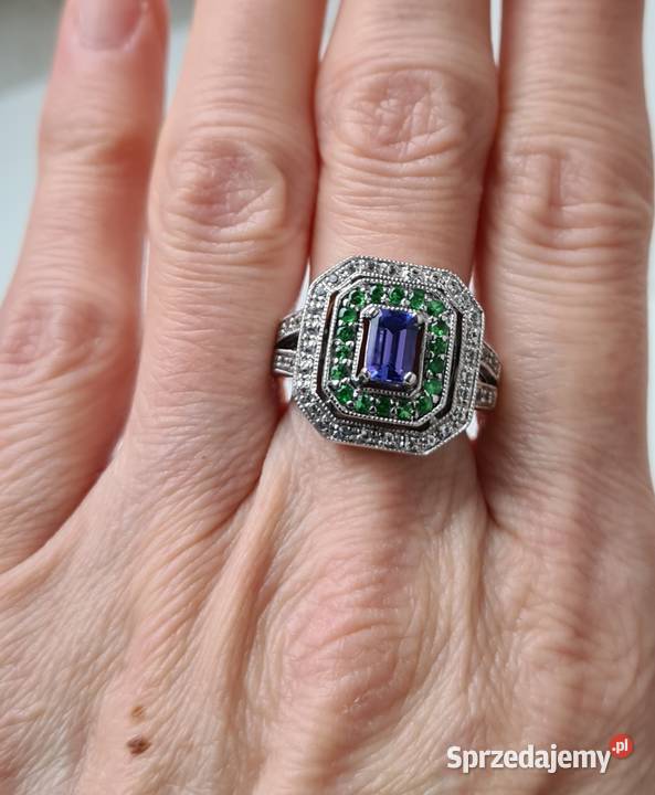 Srebrny pierścionek z tanzanitem tsavorytami i Otwock