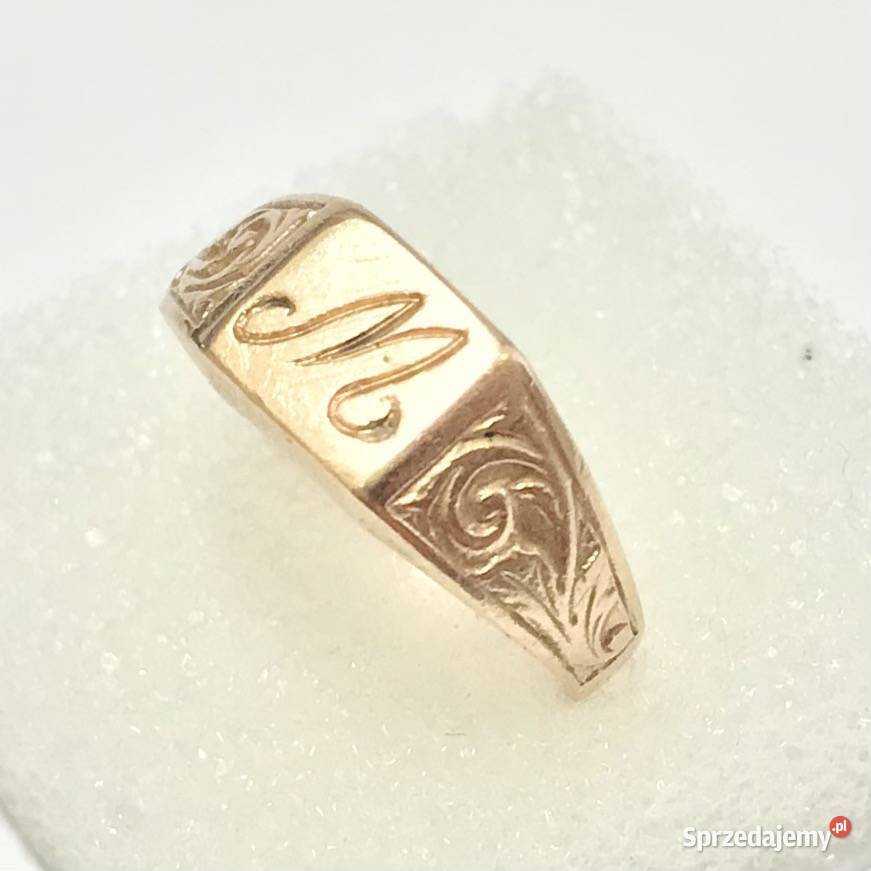 Złoty SYGNET z różowego złota litera M 585 14K Pierścionki