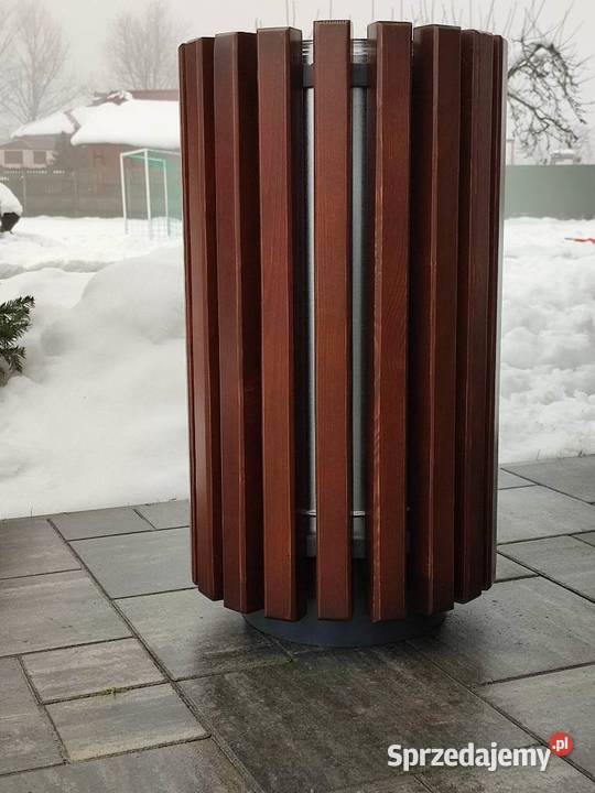 Kosz na śmieci miejski okrągły stalowy drewniany Luboń