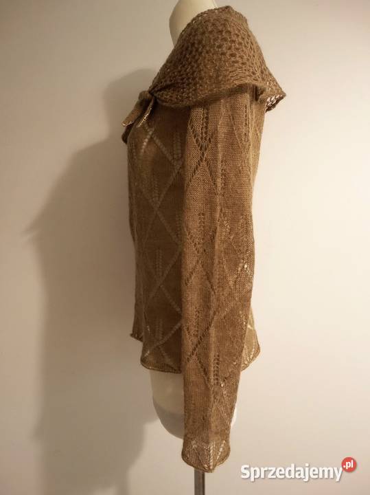 Sweter Moherowy Wełniany Ażurowy Camelowy