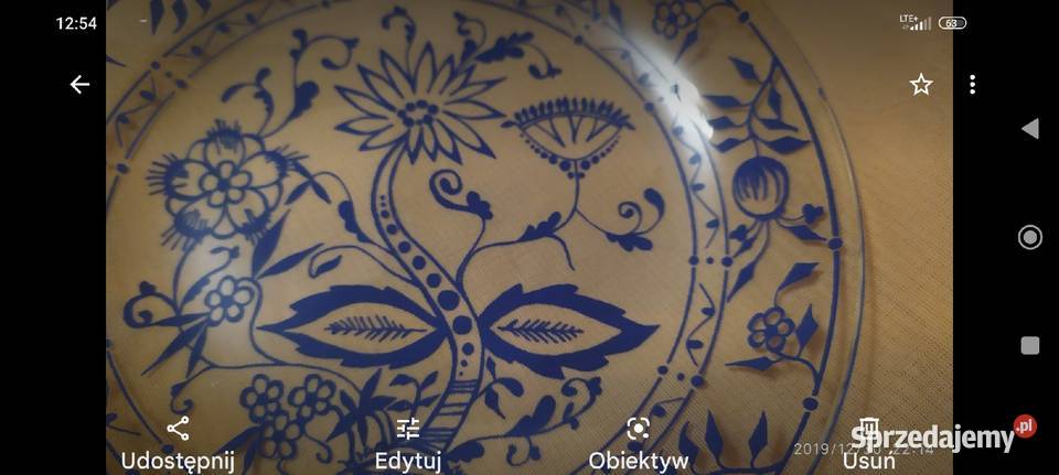 Duża patera i 6 talerzyków szkło cebulowe kobalt