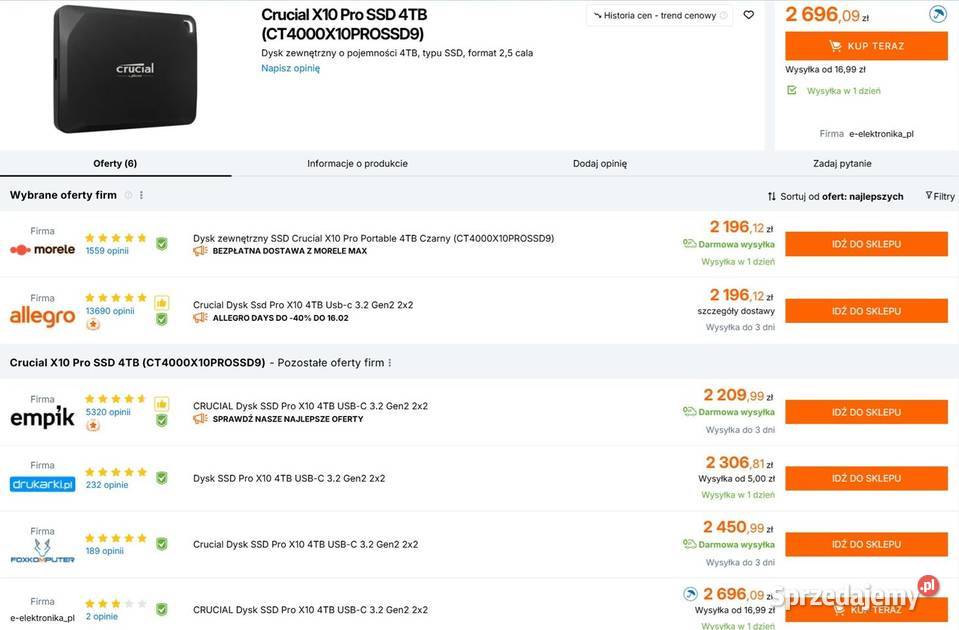 Dysk Mobilny Crucial X10 Pro SSD 4TB 2000 MBs małopolskie Tarnów sprzedam