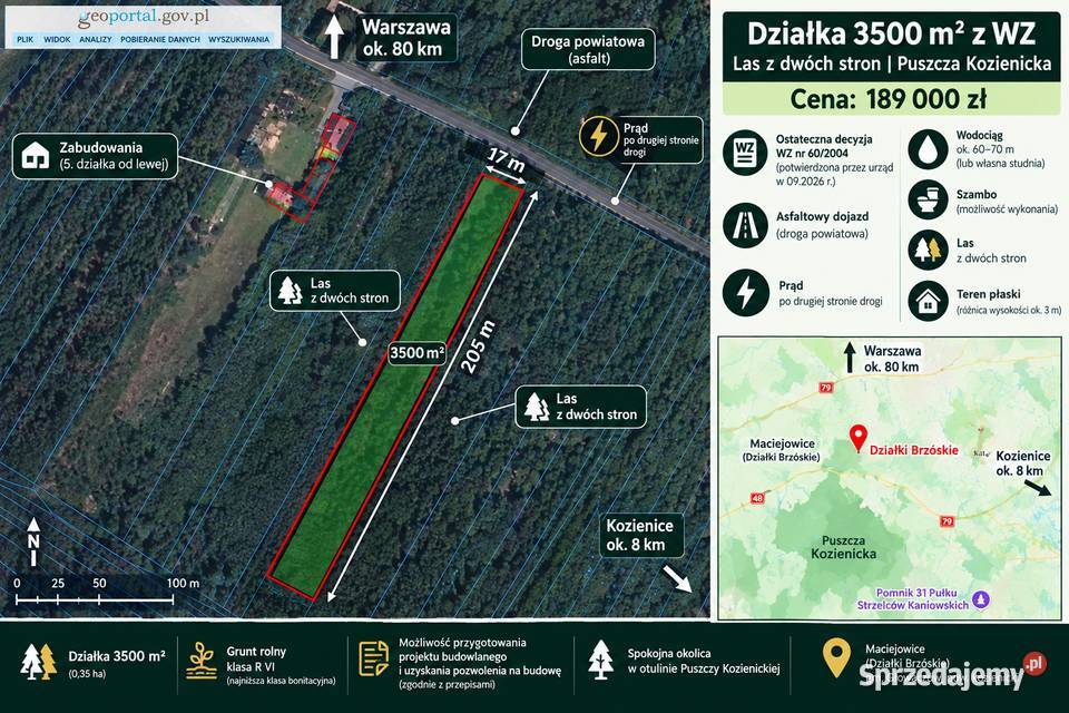 Działka 3500 m z WZ Puszcza Kozienicka 80 Wawy 54zł/m2 mazowieckie Działki Brzóskie sprzedam