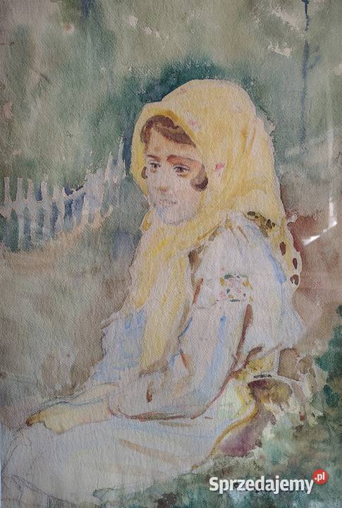 Wiejska dziewczynka akwarela antyk Kartuzy sprzedam