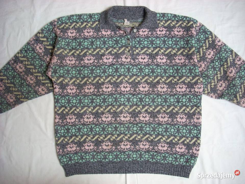 Sweter we Wzory Luźny 44 46 vintage szary/srebrny