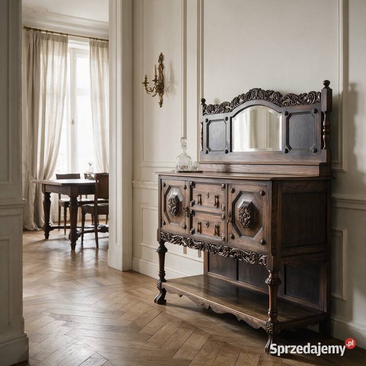 Kredens DĘBOWY neorenesansowy BUFET z lustrem Kalisz