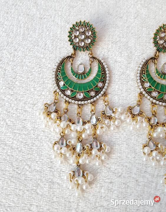 Długie kolczyki zielony złoty kolor indyjskie Szczecin sprzedam